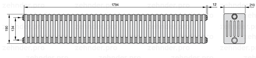 Схема (чертеж) Радиатор Zehnder Charleston 6019/39 №1270 Белый глянцевый RAL 9016